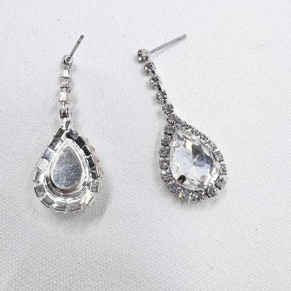 Clear Jeweled Costume Drop Teardrop Shiny Silver Tone Post Earrings - Picture 5 of 6